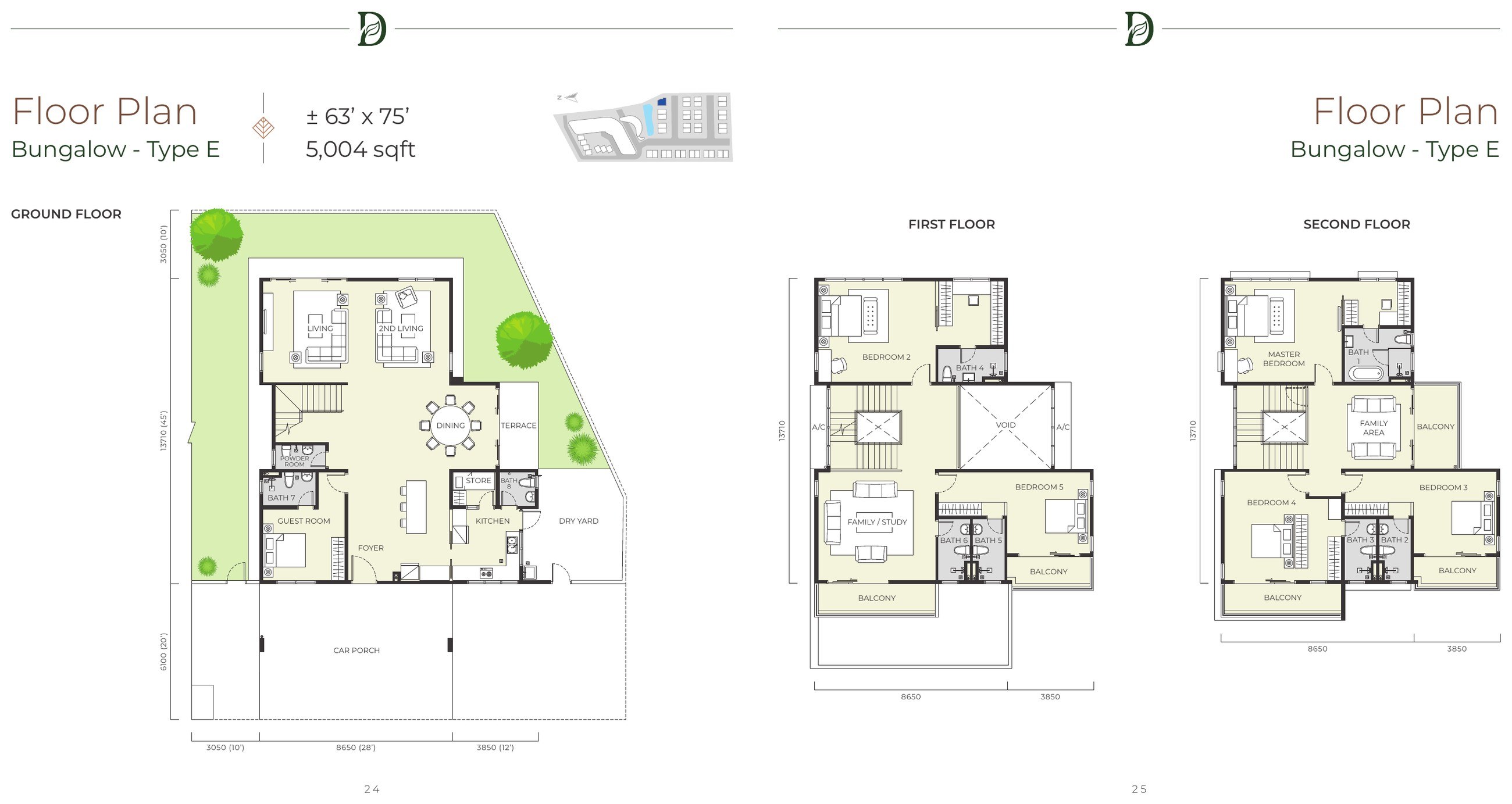 Daya Residence bungalow Type E floor plan, 5,004 sq.ft. over three storeys