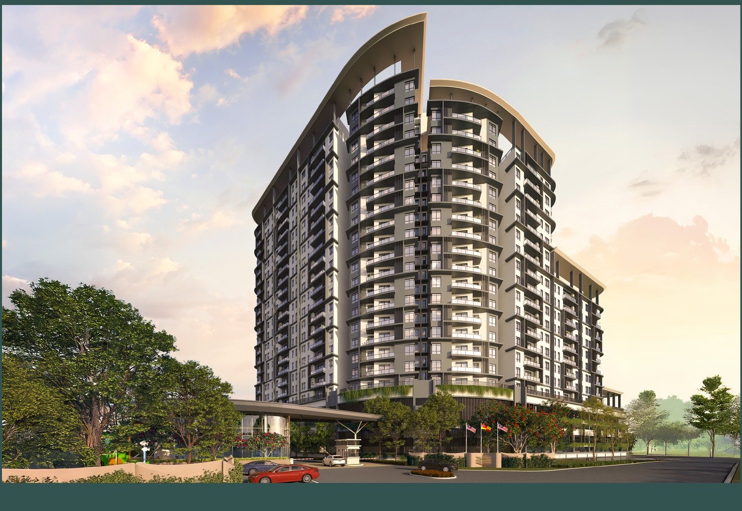 The condominium tower at Daya Residence at dusk