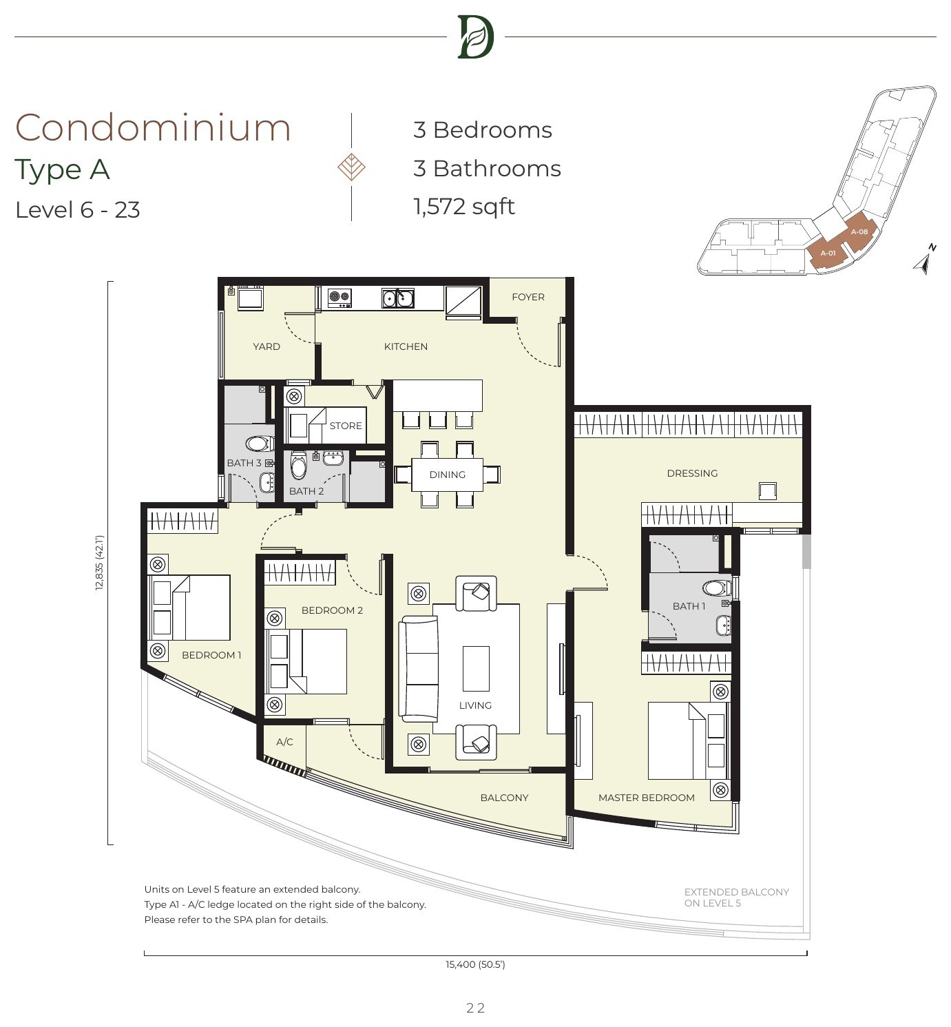 Daya Residence condominium Type A floor plan, 1,572 sq.ft., three bedrooms and three bathrooms