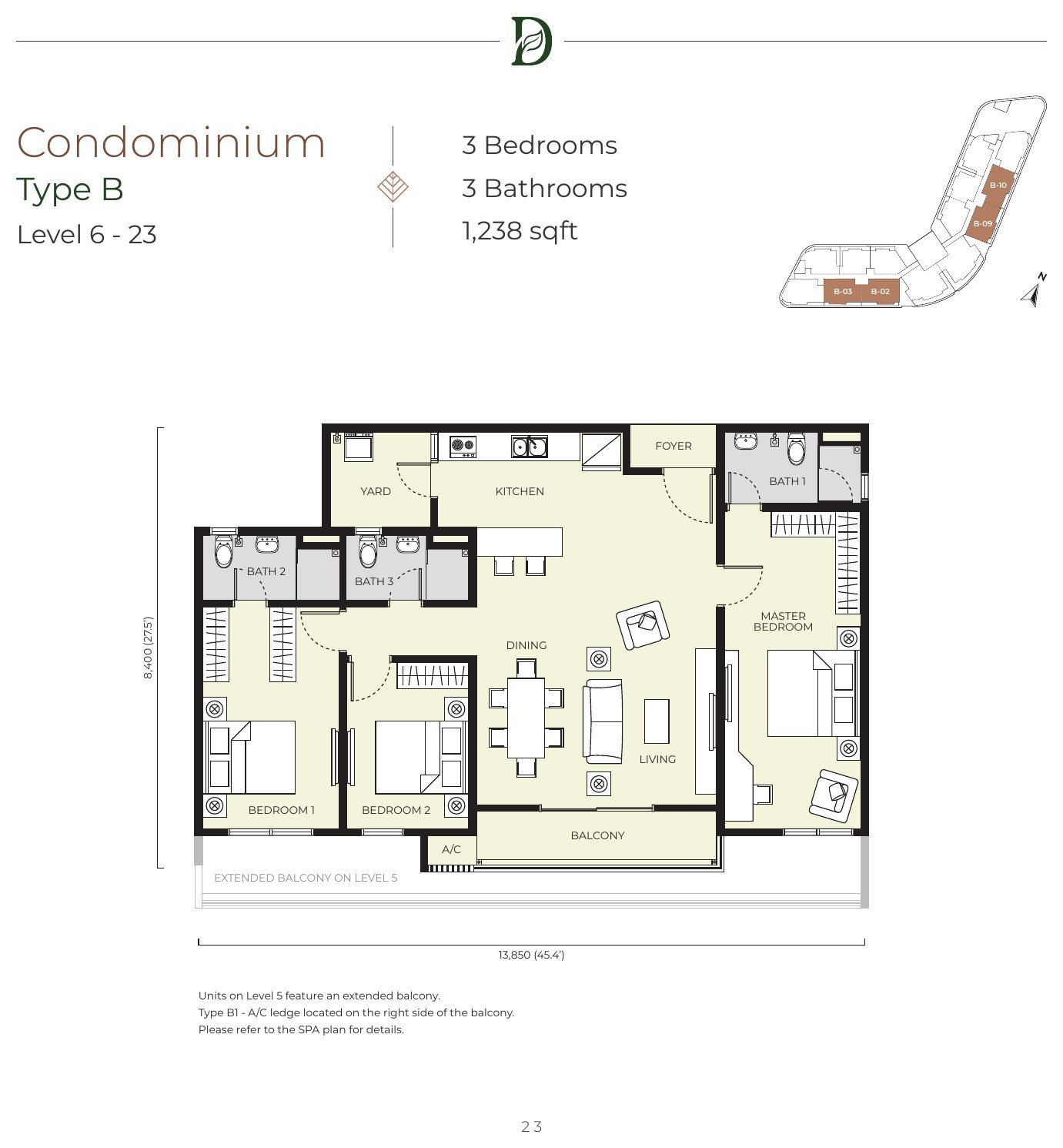 Daya Residence condominium Type B floor plan, 1,238 sq.ft., three bedrooms and three bathrooms