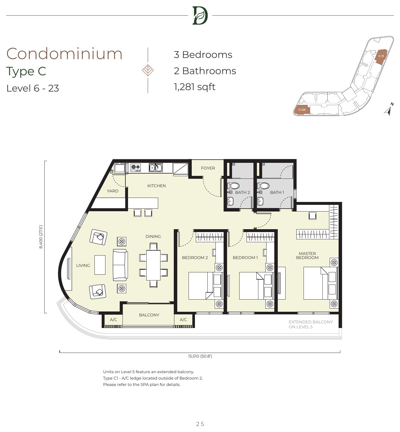 Daya Residence condominium Type C floor plan, 1,281 sq.ft., three bedrooms and two bathrooms