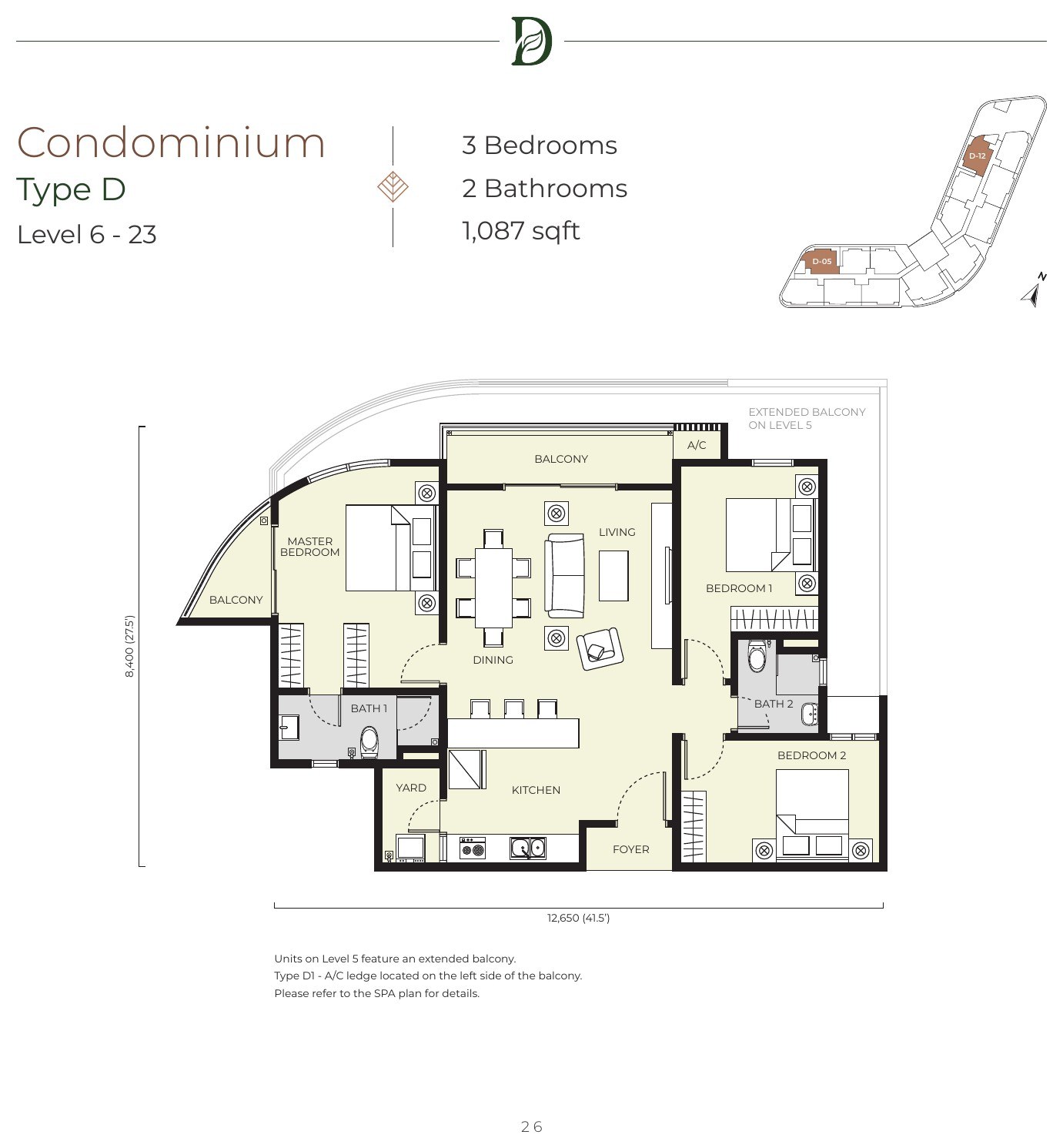 Daya Residence condominium Type D floor plan, 1,087 sq.ft., three bedrooms and two bathrooms