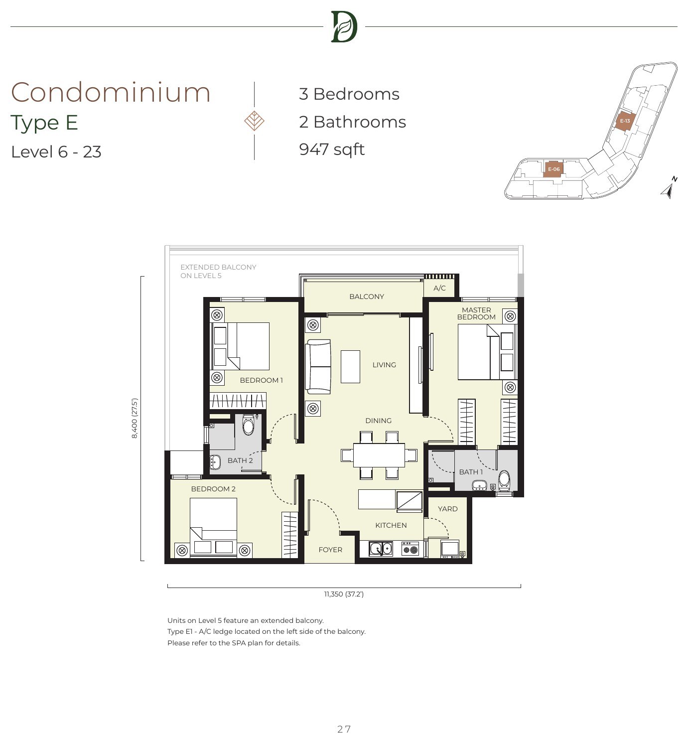 Daya Residence condominium Type E floor plan, 947 sq.ft., three bedrooms and two bathrooms