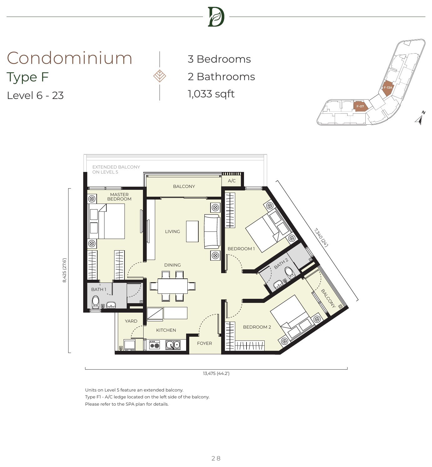 Daya Residence condominium Type F floor plan, 1,033 sq.ft., three bedrooms and two bathrooms