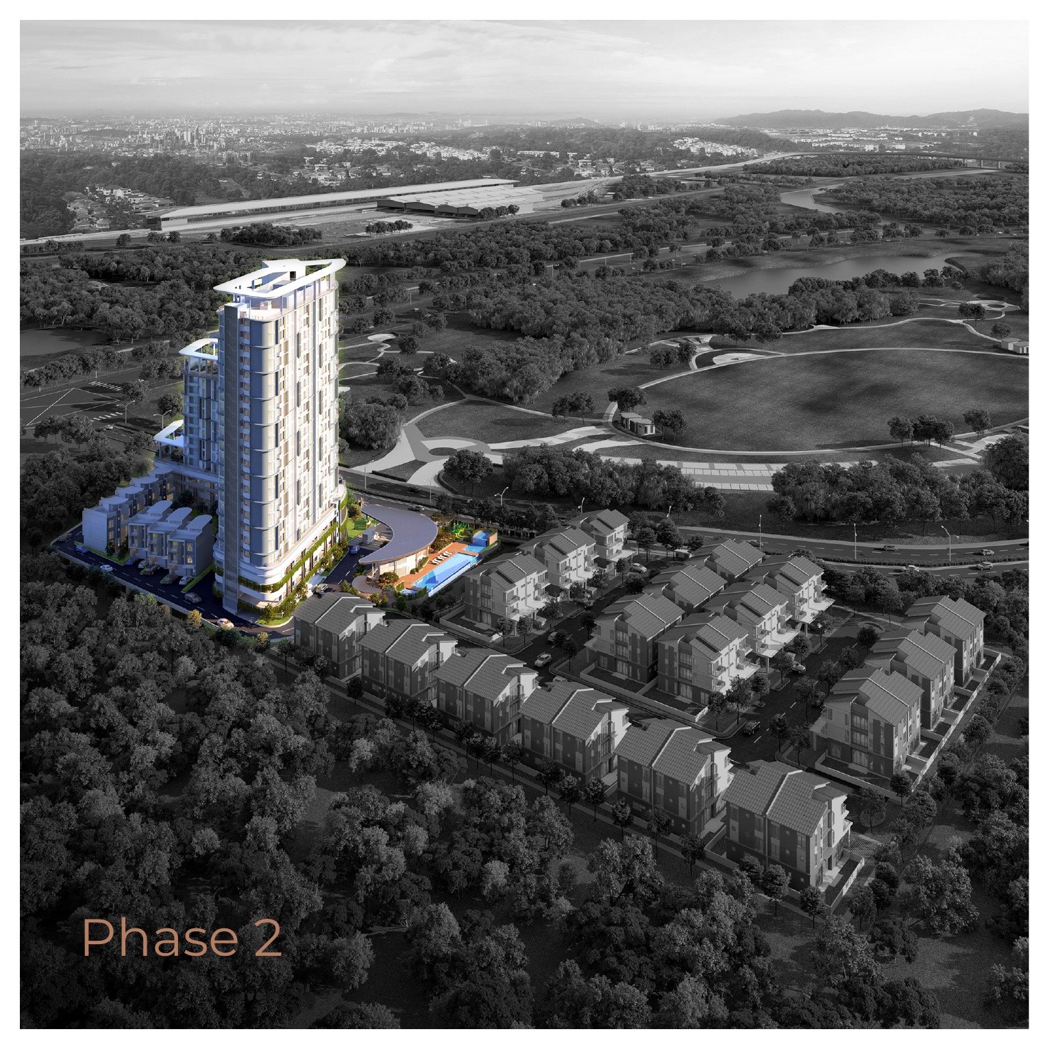 Aerial view of Phase 2 at Daya Residence, the condominium tower and town villas