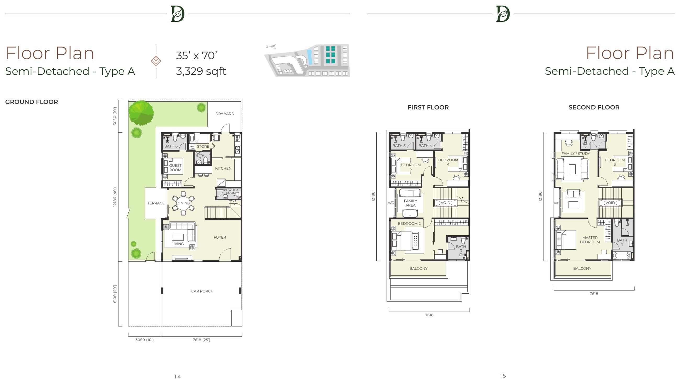 Daya Residence semi-detached Type A floor plan, 3,329 sq.ft. over three storeys