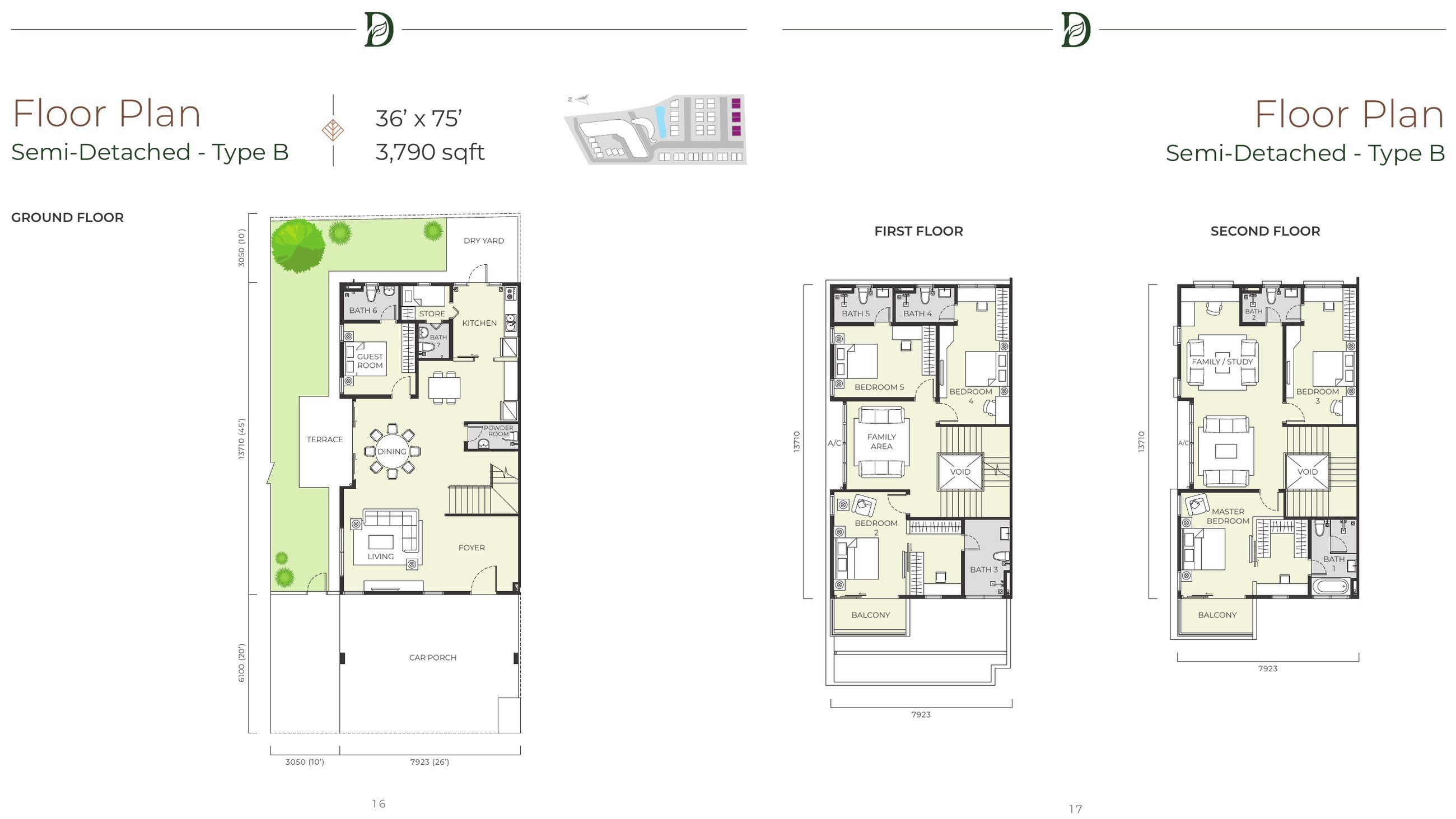 Daya Residence semi-detached Type B floor plan, 3,790 sq.ft. over three storeys