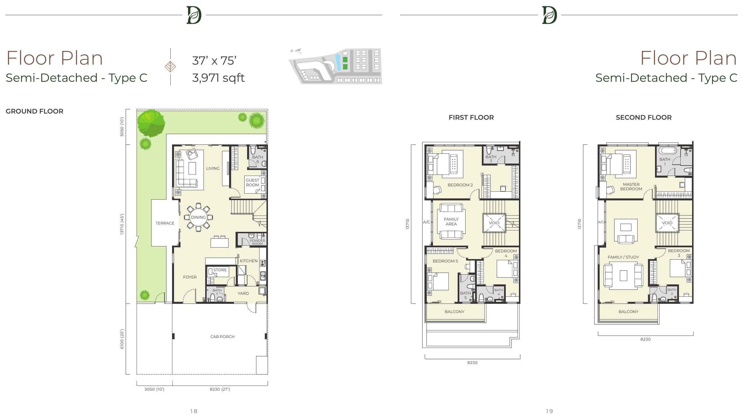 Daya Residence semi-detached Type C floor plan, 3,971 sq.ft. over three storeys