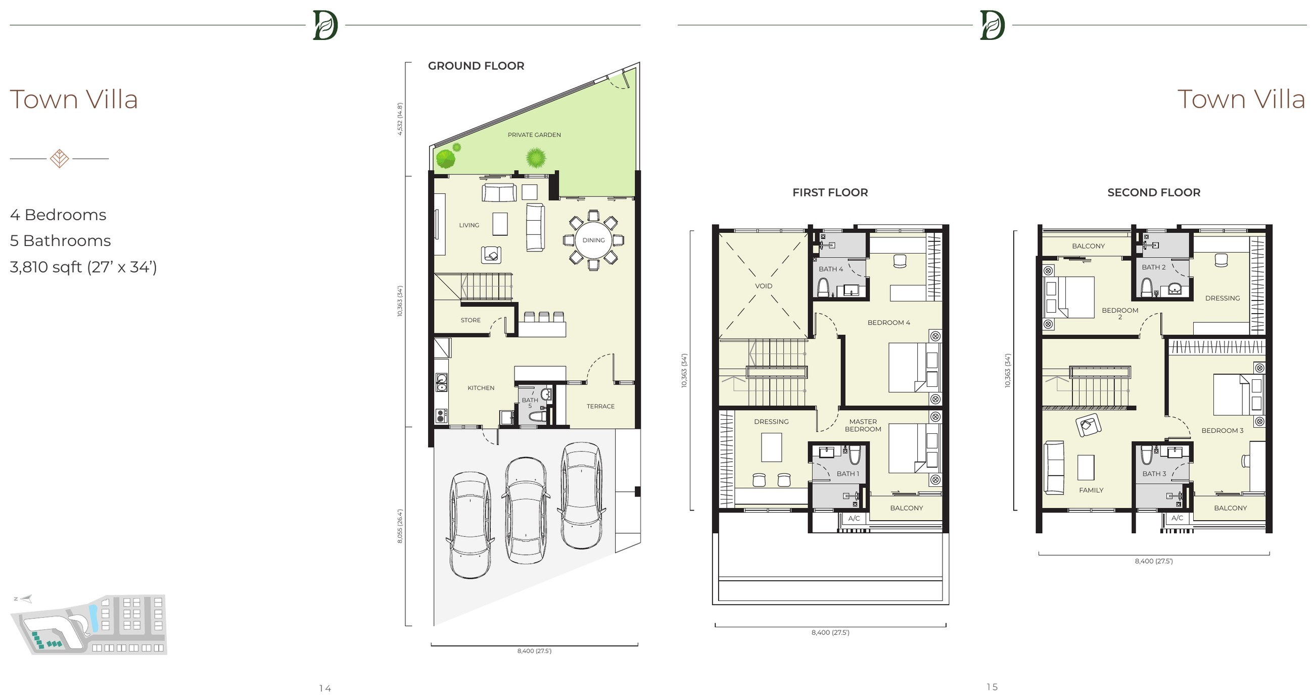 Daya Residence town villa floor plan, 3,810 sq.ft. over three storeys with a private garden