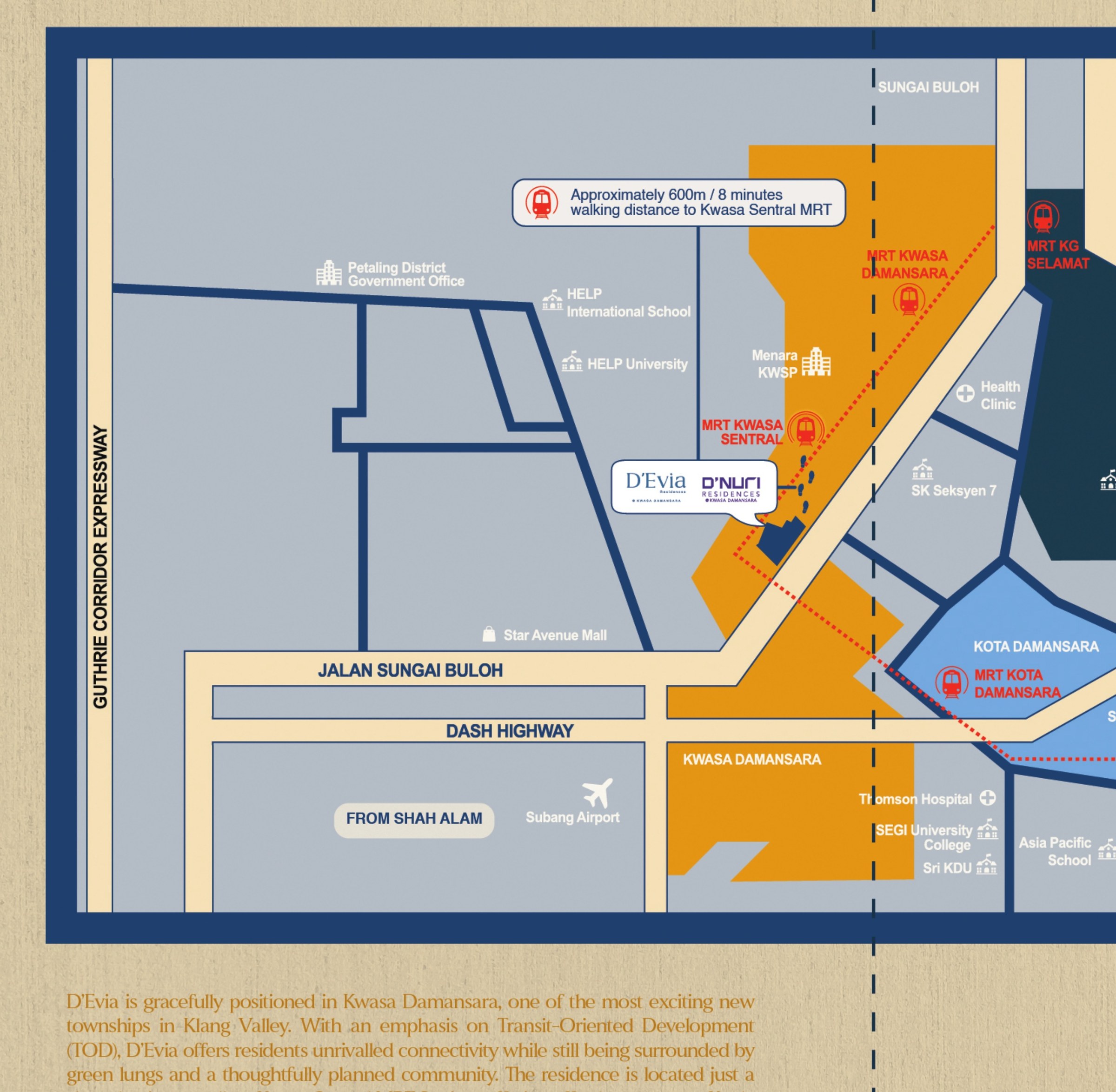 D'Evia Residences location map showing Kwasa Sentral MRT, the NKVE, Kota Damansara and Sungai Buloh