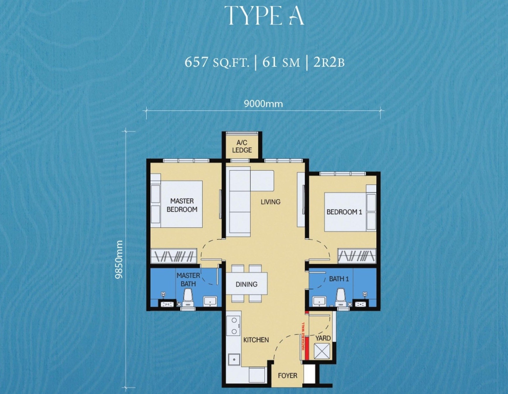 D'Evia Residences Type A layout plan, 657 sq.ft., 2 bedrooms and 2 bathrooms