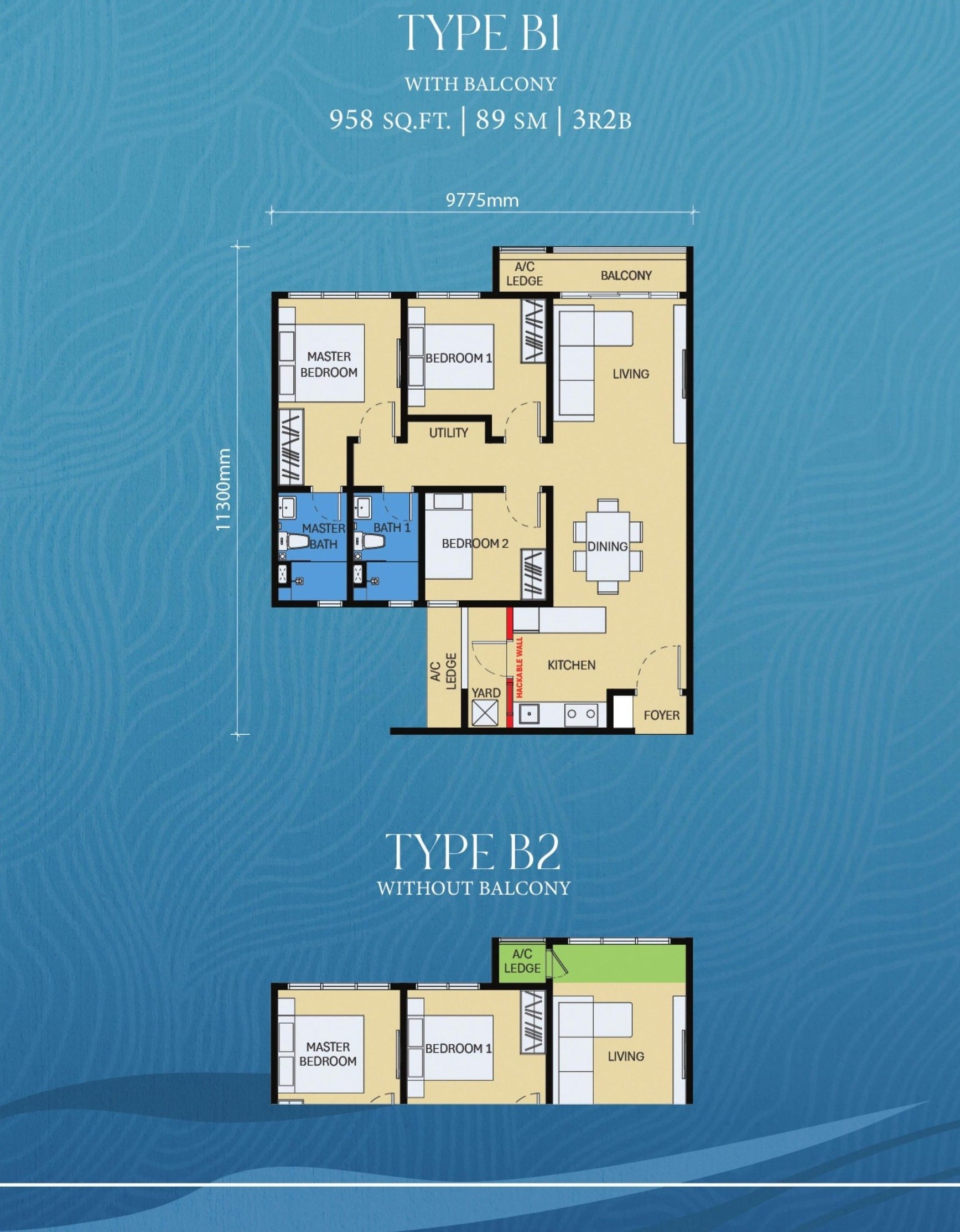 D'Evia Residences Type B1 layout plan with balcony, 958 sq.ft., 3 bedrooms and 2 bathrooms