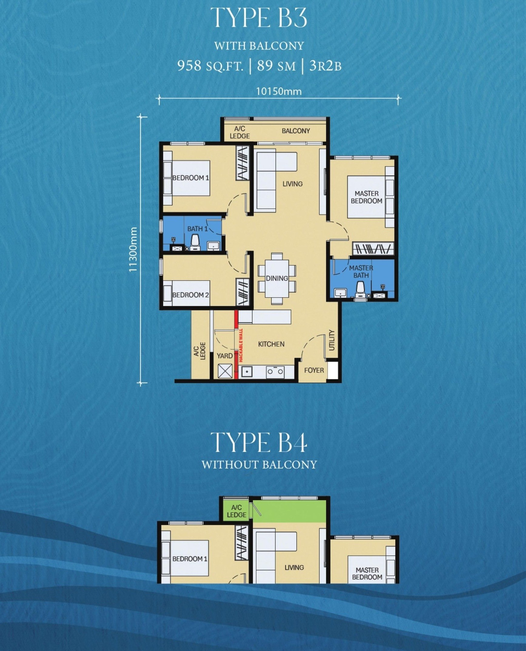 D'Evia Residences Type B3 layout plan with balcony, 958 sq.ft., 3 bedrooms and 2 bathrooms