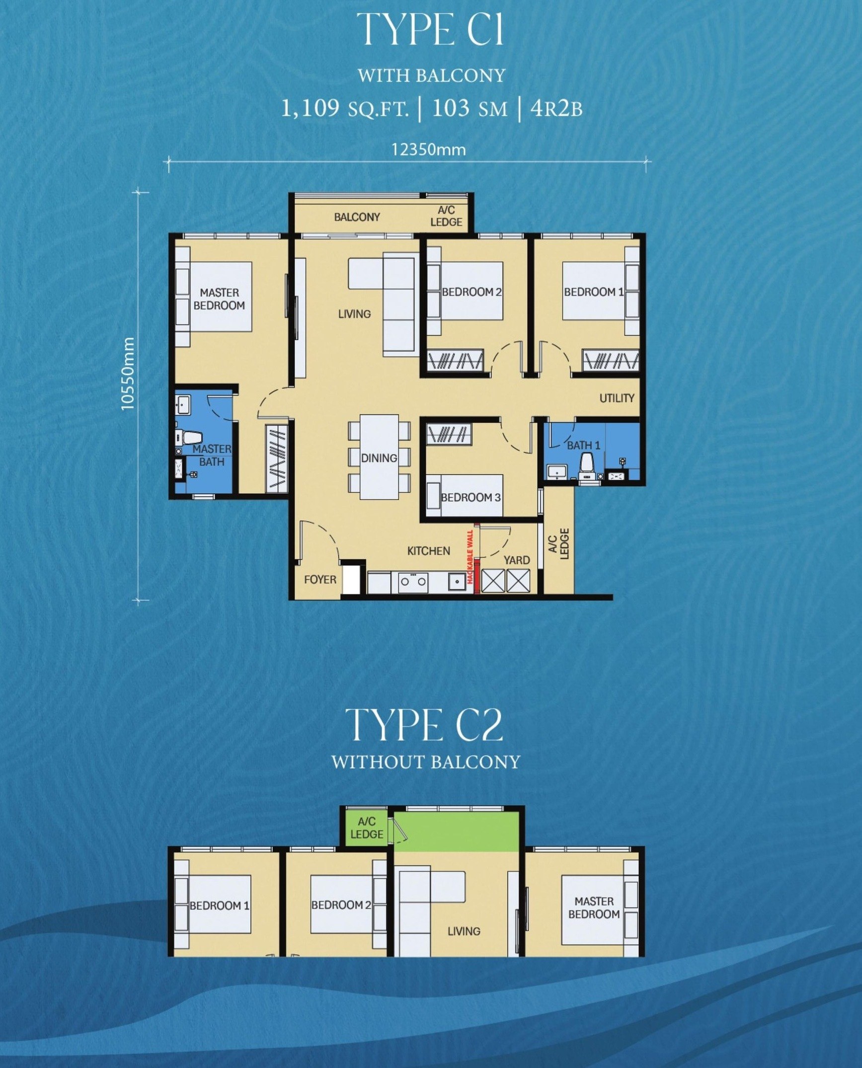 D'Evia Residences Type C1 layout plan with balcony, 1,109 sq.ft., 4 bedrooms and 2 bathrooms