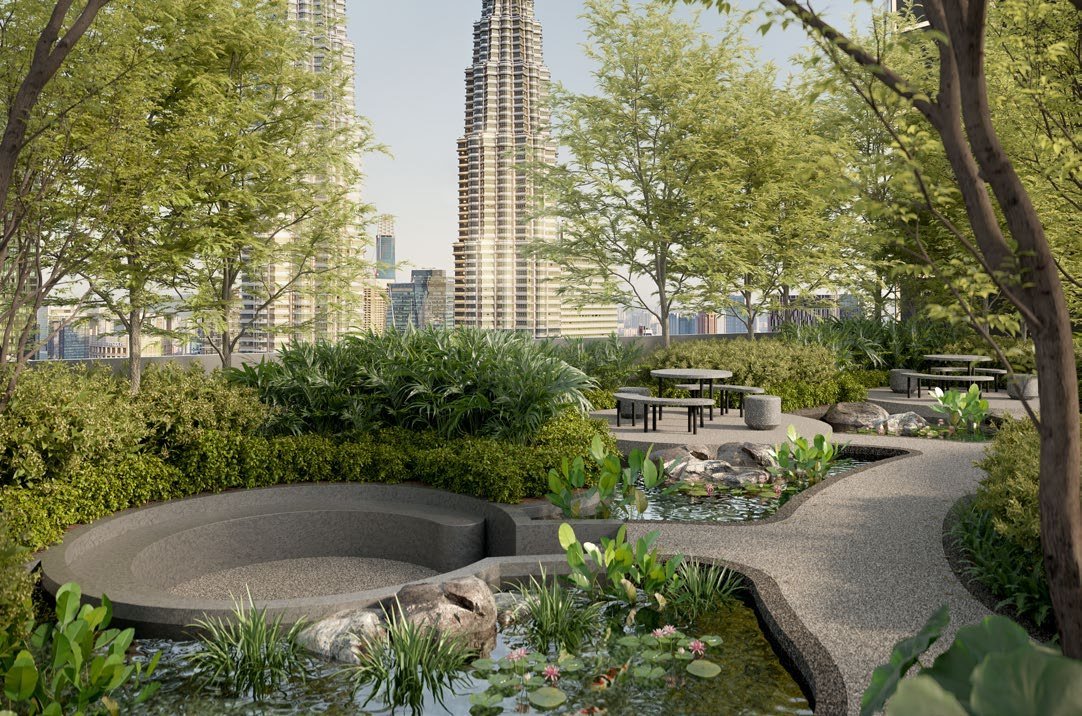 Garden deck at Divine KLCC facing the Petronas Twin Towers