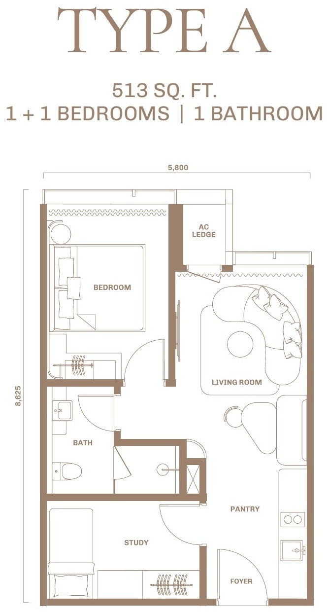 Divine KLCC Type A floor plan, 513 sq.ft., 1 plus 1 bedrooms and 1 bathroom