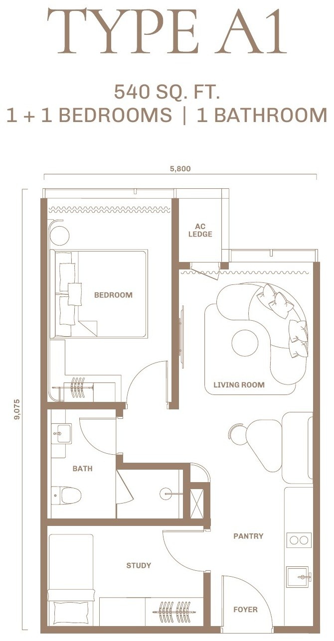 Divine KLCC Type A1 floor plan, 540 sq.ft., 1 plus 1 bedrooms and 1 bathroom