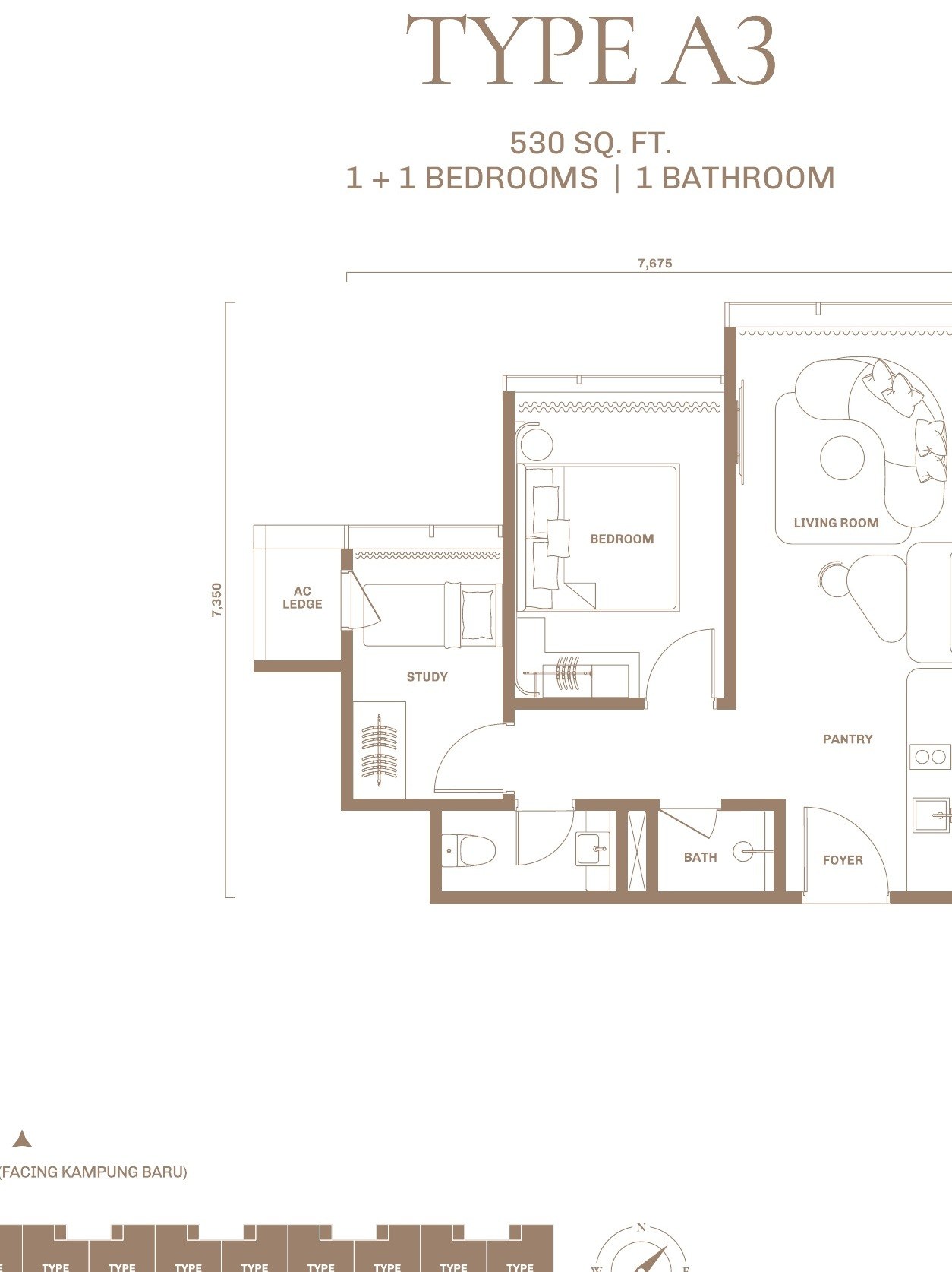 Divine KLCC Type A3 floor plan, 530 sq.ft., 1 plus 1 bedrooms and 1 bathroom