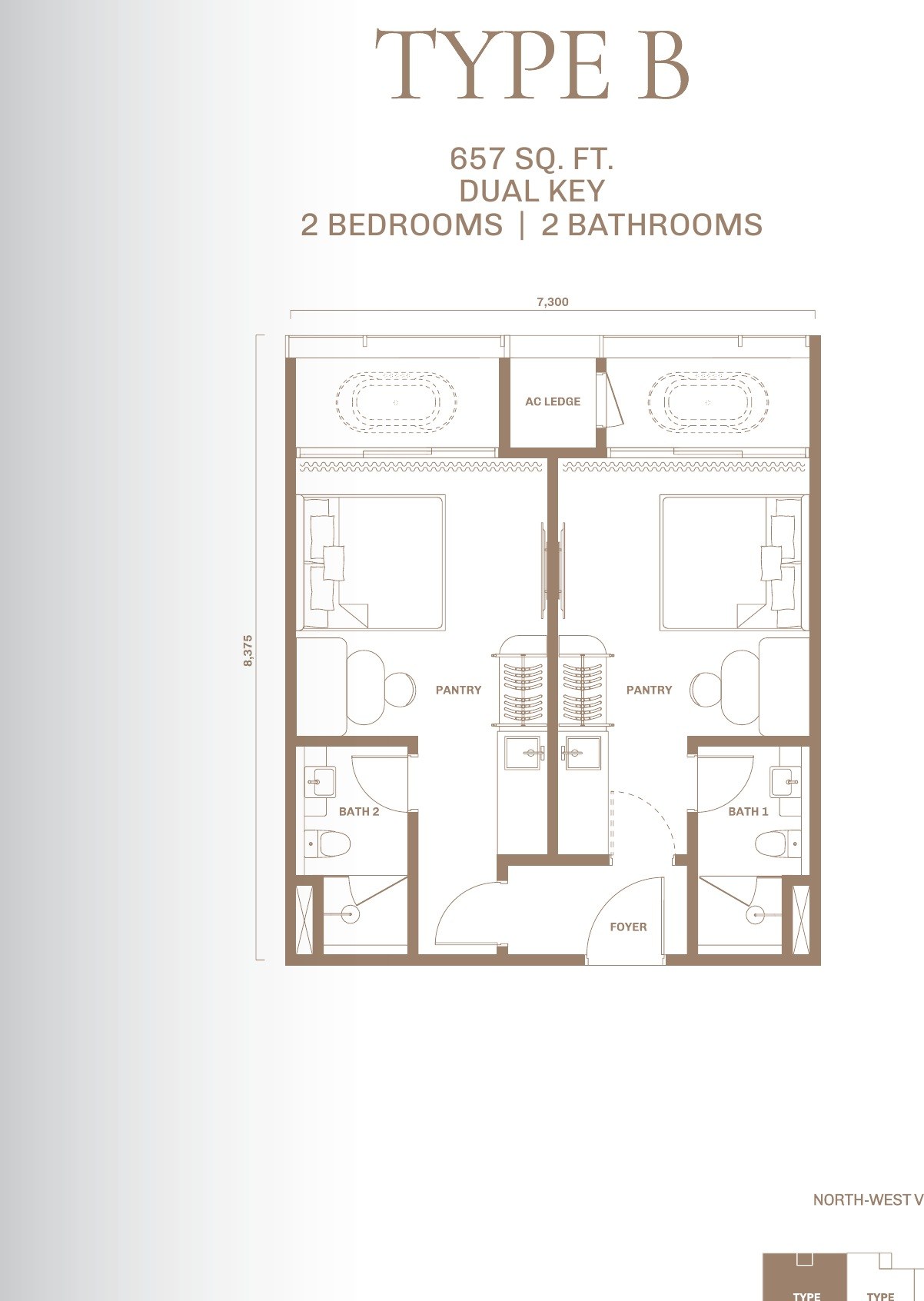Divine KLCC Type B dual-key floor plan, 657 sq.ft., 2 bedrooms and 2 bathrooms facing KLCC