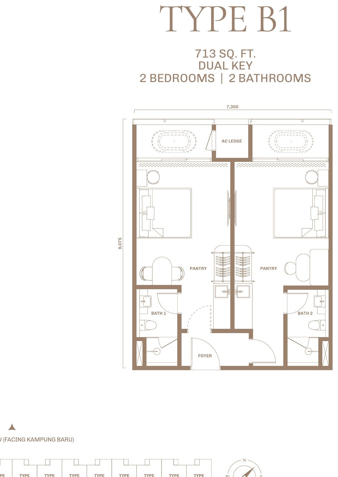 Divine KLCC Type B1 dual-key floor plan, 713 sq.ft., 2 bedrooms and 2 bathrooms