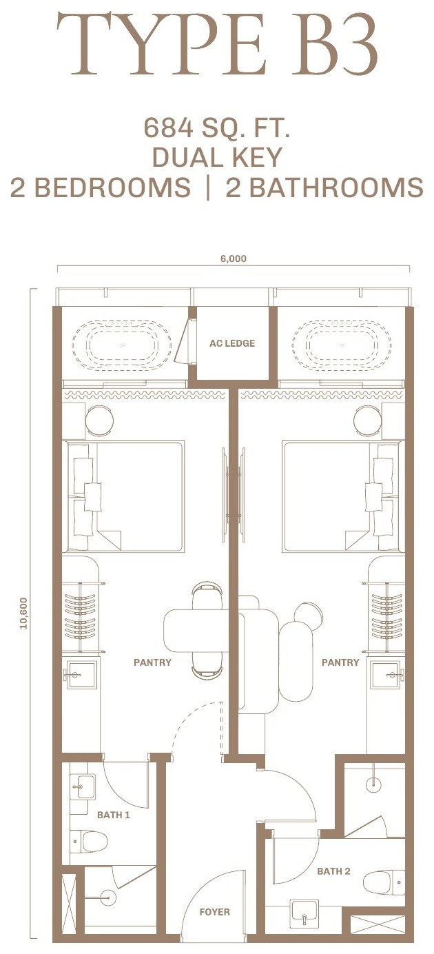 Divine KLCC Type B3 dual-key floor plan, 684 sq.ft., 2 bedrooms and 2 bathrooms