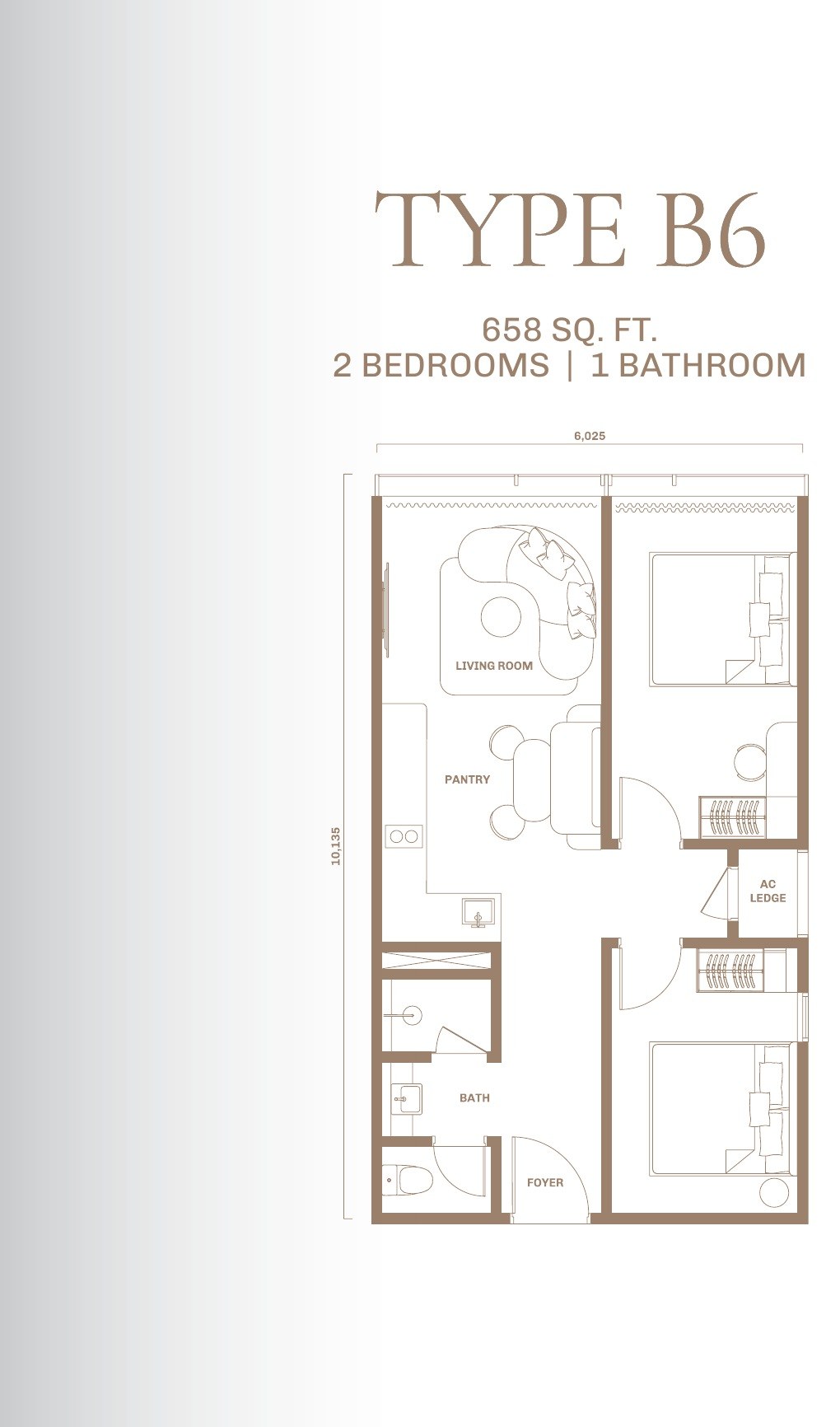 Divine KLCC Type B6 floor plan, 658 sq.ft., 2 bedrooms and 1 bathroom