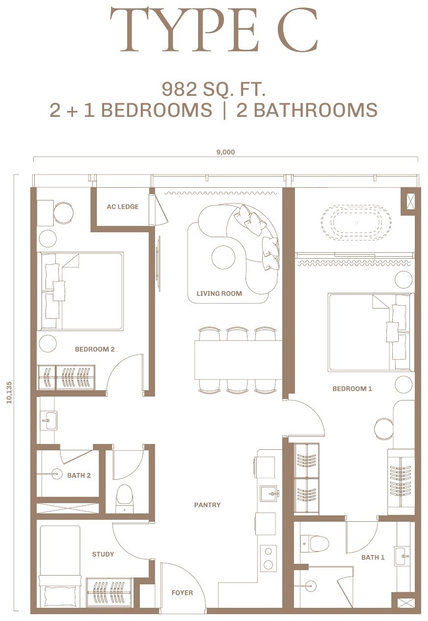 Divine KLCC Type C floor plan, 982 sq.ft., 2 plus 1 bedrooms and 2 bathrooms