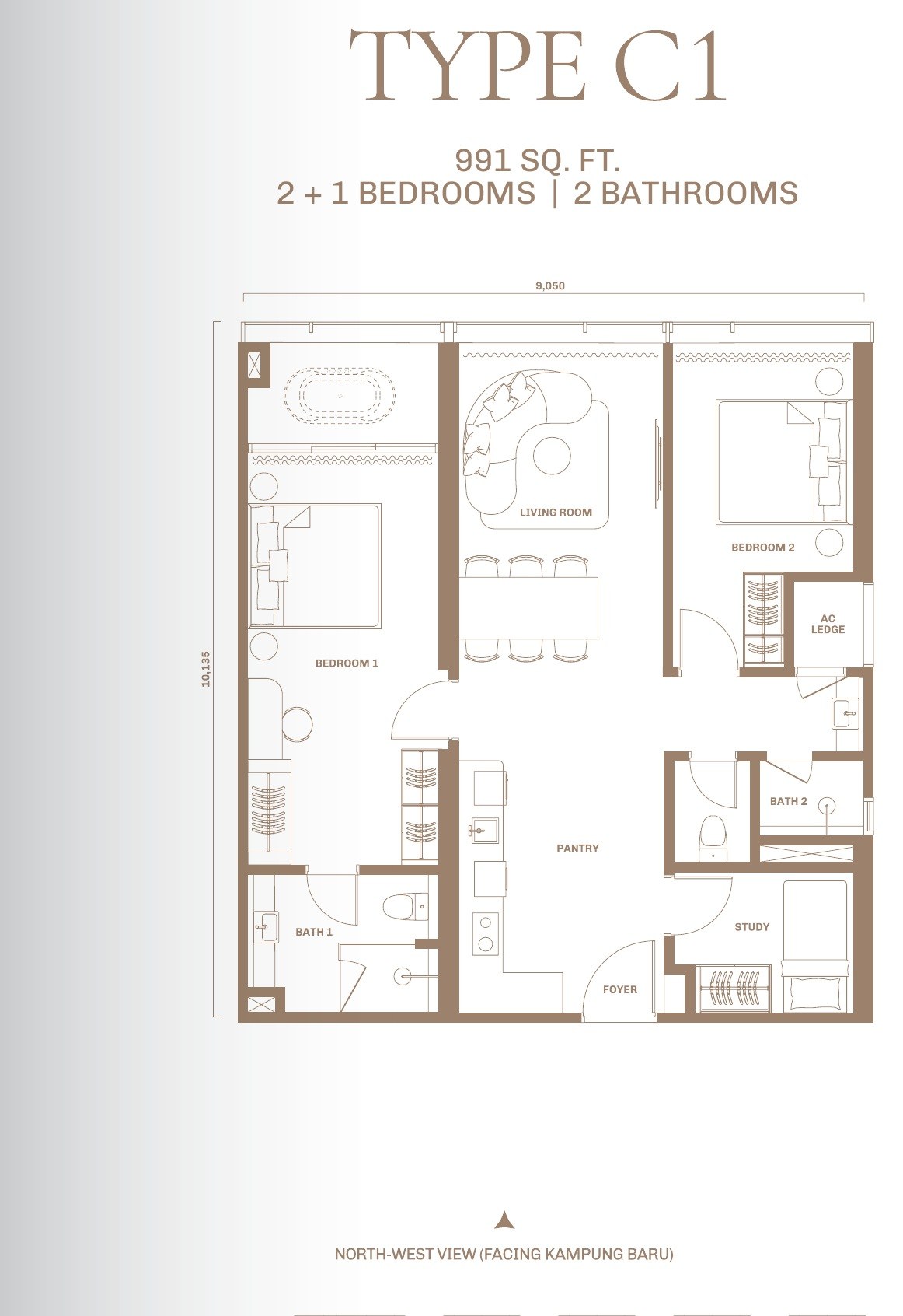 Divine KLCC Type C1 floor plan, 991 sq.ft., 2 plus 1 bedrooms and 2 bathrooms