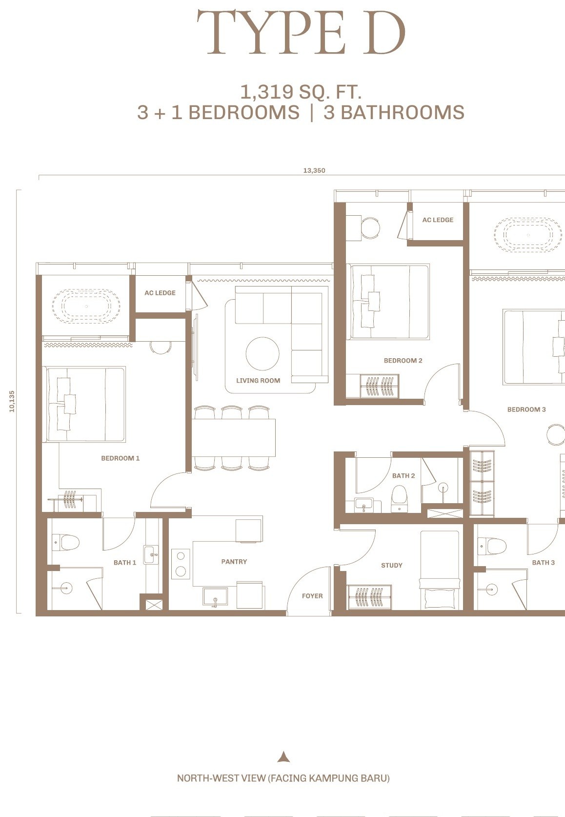 Divine KLCC Type D floor plan, 1,319 sq.ft., 3 plus 1 bedrooms and 3 bathrooms