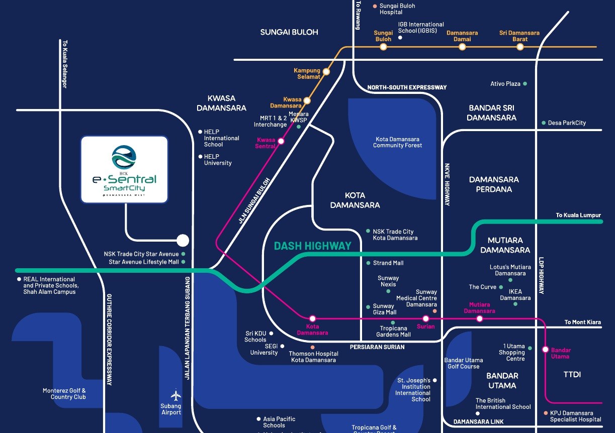 e.Sentral SmartCity location map showing Damansara West and the MRT lines