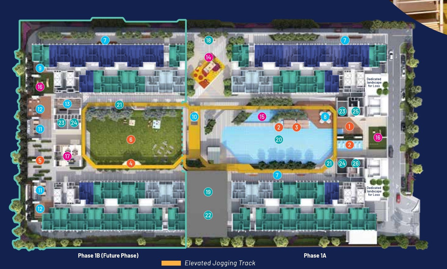 e.Sentral SmartCity facilities site plan showing the pool, green lawn, courts and elevated jogging track