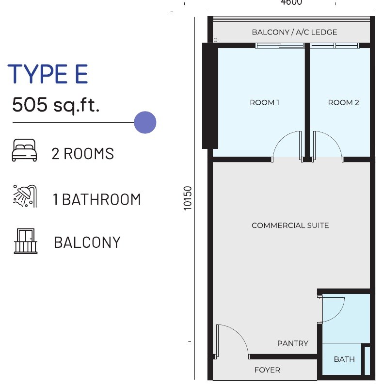 e.Sentral SmartCity LOSO Type E commercial suite plan, 505 sq.ft., two rooms with a balcony