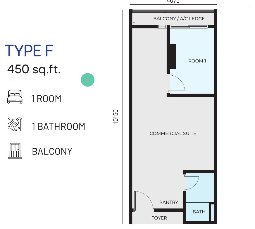 e.Sentral SmartCity LOSO Type F commercial suite plan, 450 sq.ft., one room with a balcony