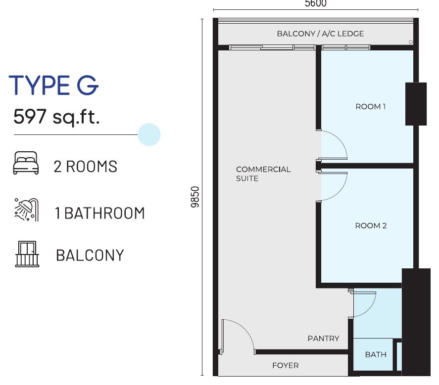 e.Sentral SmartCity LOSO Type G commercial suite plan, 597 sq.ft., two rooms with a balcony