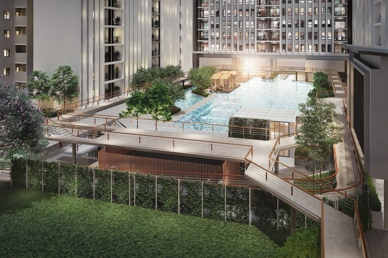 Pool deck and elevated jogging track at e.Sentral SmartCity
