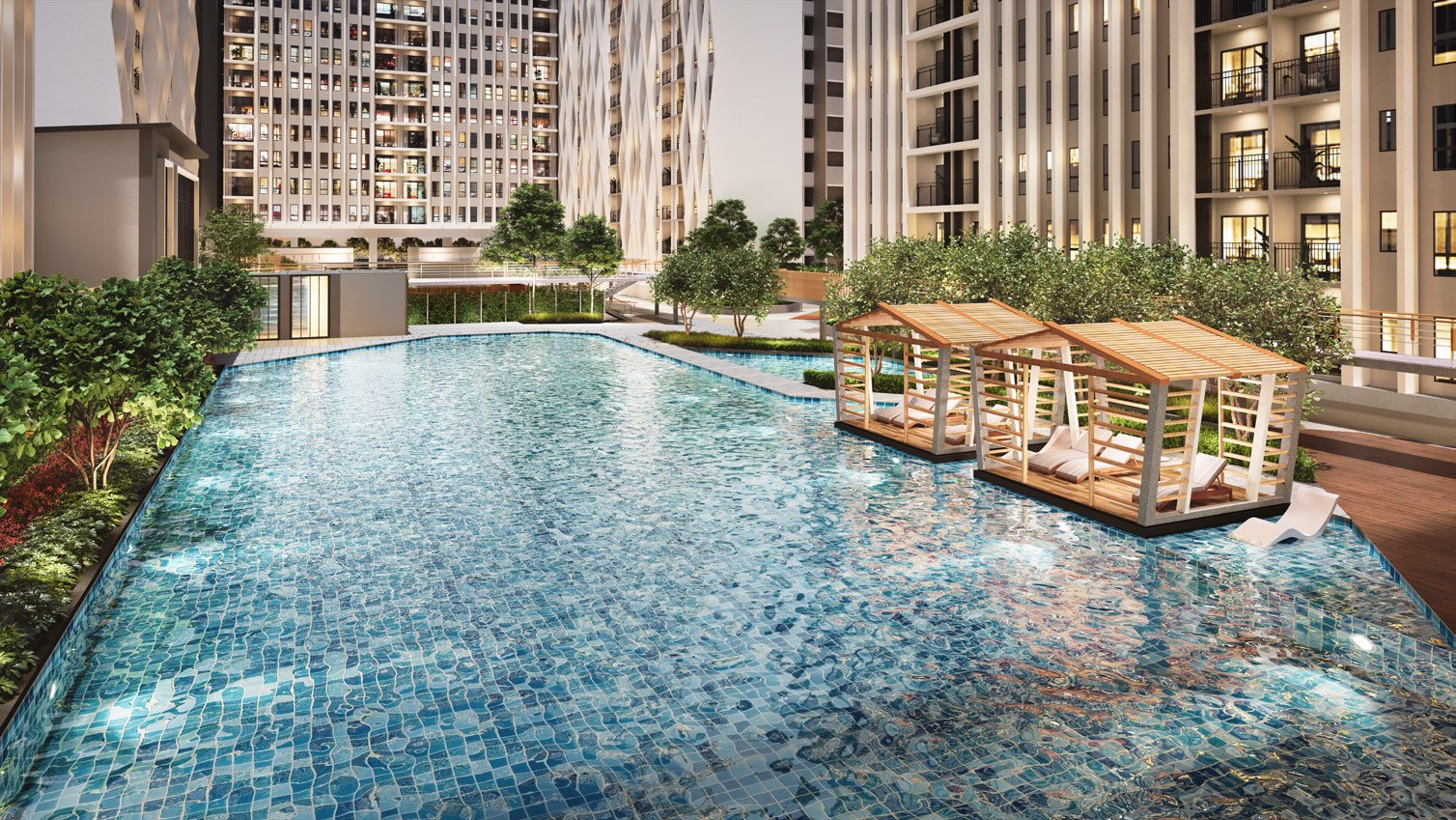 Swimming pool and cabanas at e.Sentral SmartCity