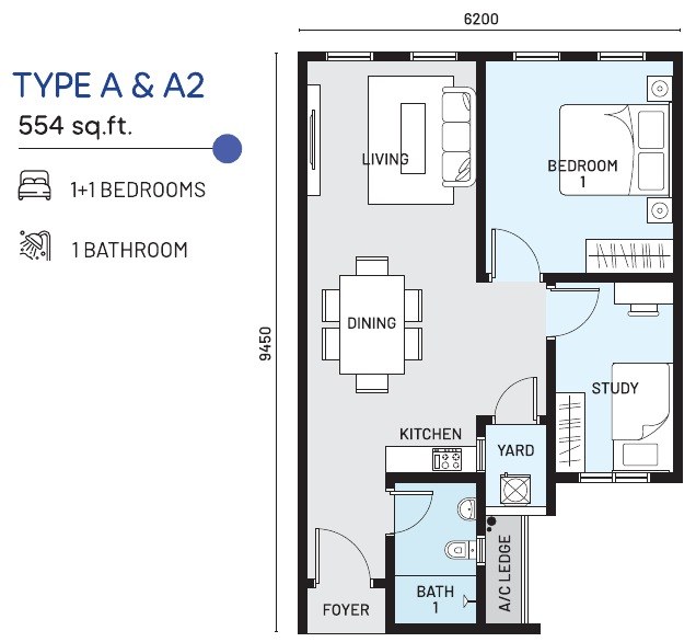 e.Sentral SmartCity Type A and A2 floor plan, 554 sq.ft., one plus one bedrooms with a study