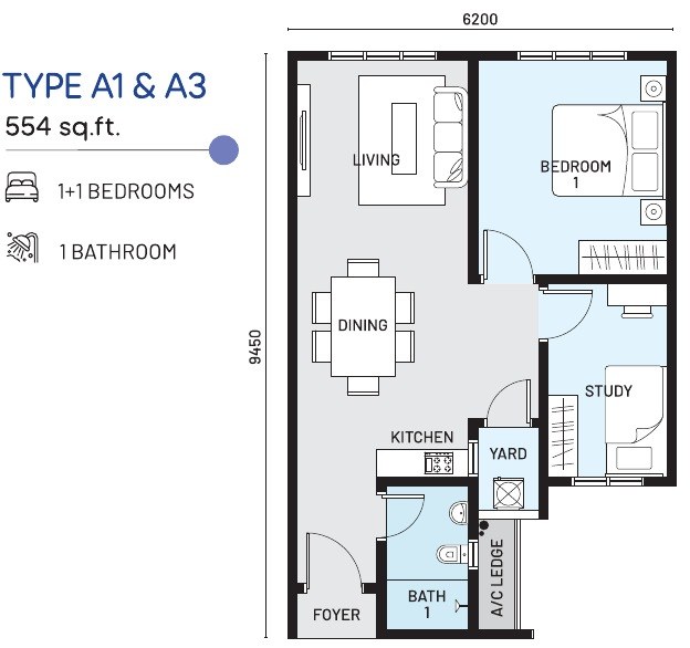 e.Sentral SmartCity Type A1 and A3 floor plan, 554 sq.ft., one plus one bedrooms with a study