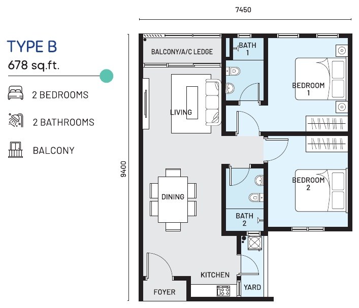 e.Sentral SmartCity Type B floor plan, 678 sq.ft., two bedrooms and two bathrooms with a balcony