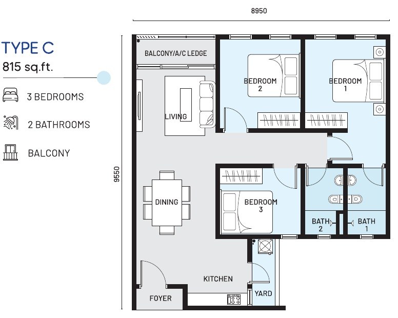 e.Sentral SmartCity Type C floor plan, 815 sq.ft., three bedrooms and two bathrooms with a balcony