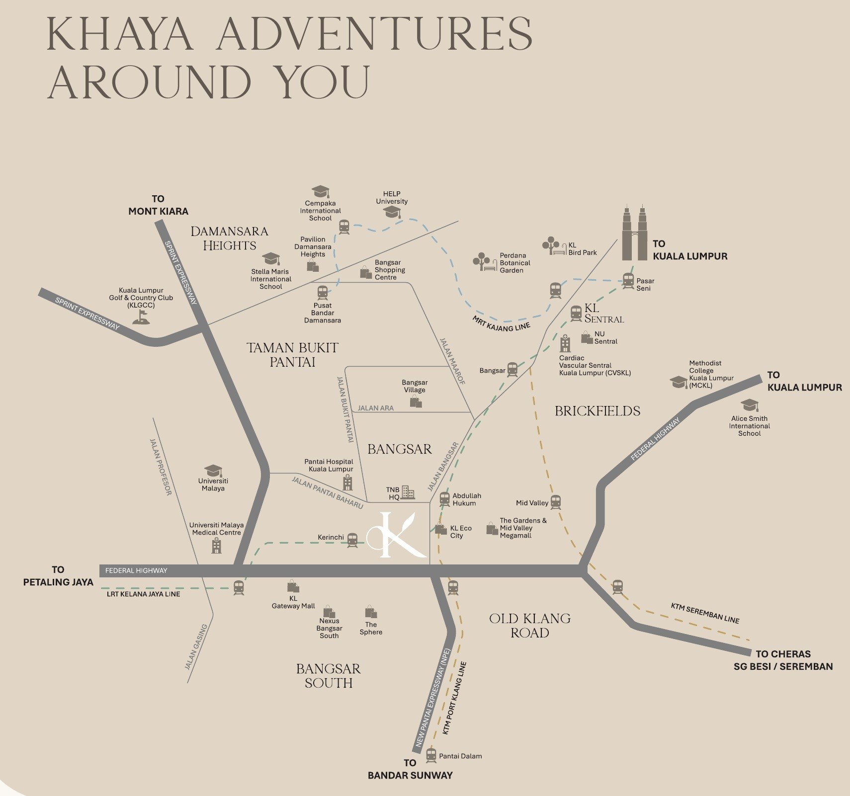 Khaya Residences location map showing Bangsar, Kuala Lumpur city centre and the surrounding highways