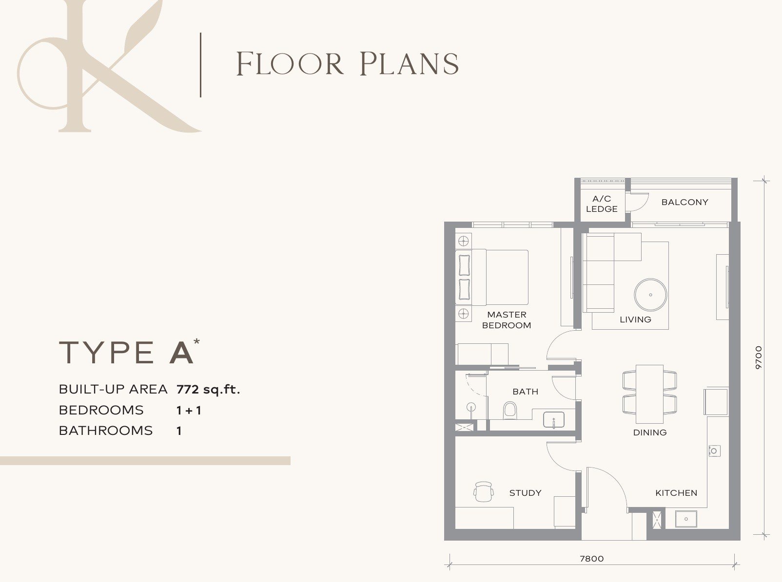 Khaya Residences Type A floor plan, 772 sq.ft. with one bedroom and a study