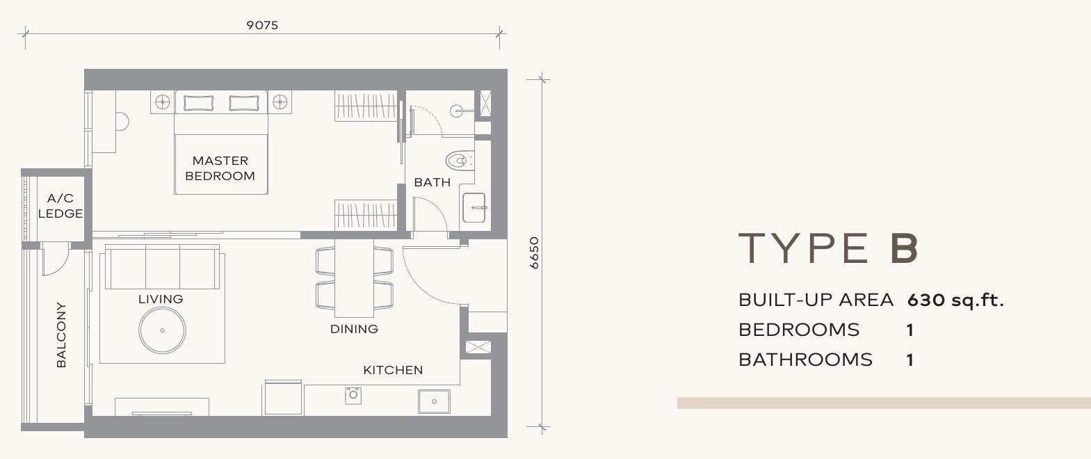 Khaya Residences Type B floor plan, 630 sq.ft. with one bedroom