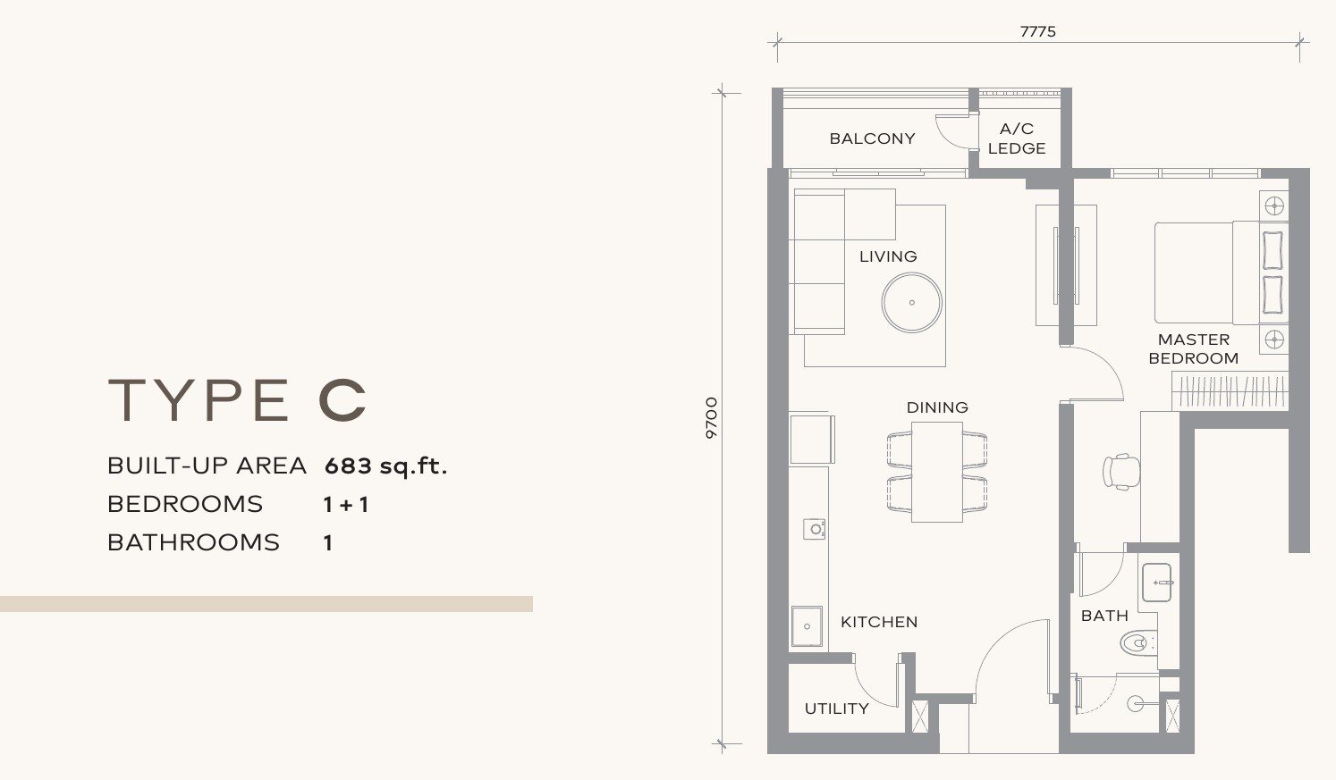 Khaya Residences Type C floor plan, 683 sq.ft. with one bedroom and a study