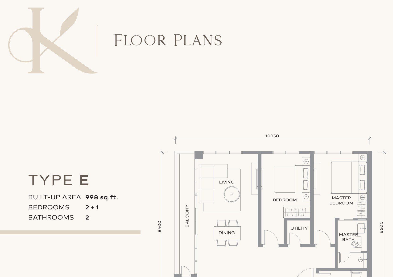 Khaya Residences Type E floor plan, 998 sq.ft. with two bedrooms and a utility