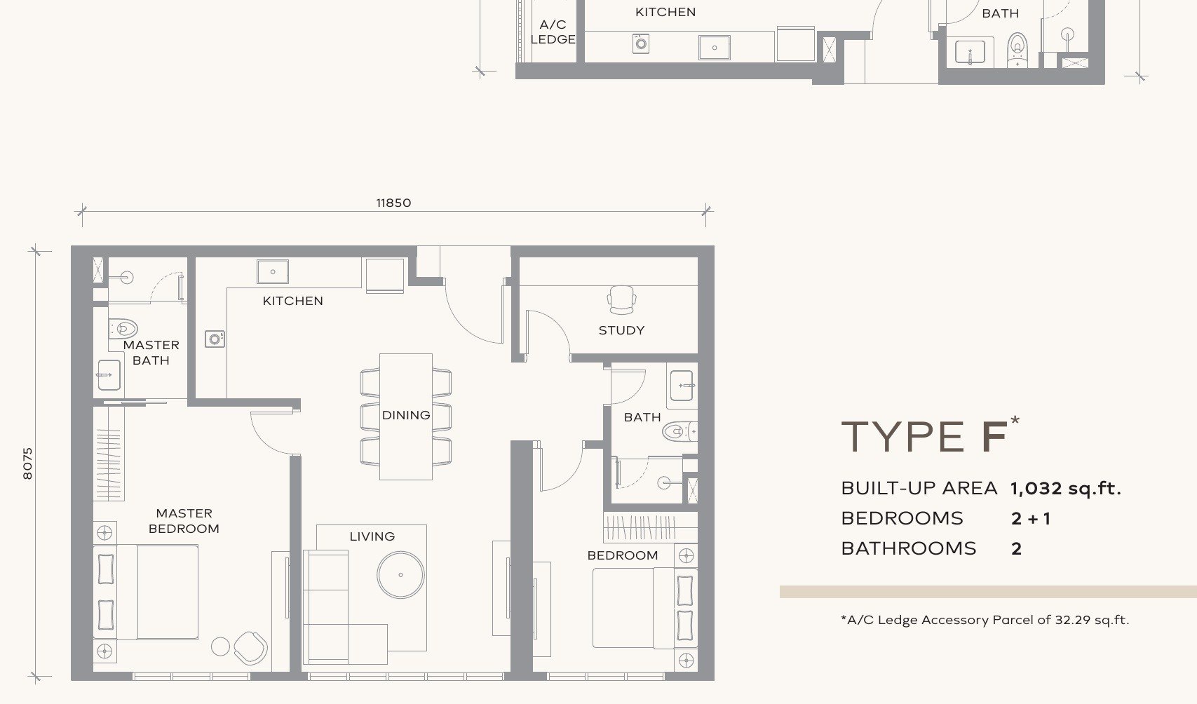 Khaya Residences Type F floor plan, 1,032 sq.ft. with two bedrooms and a study