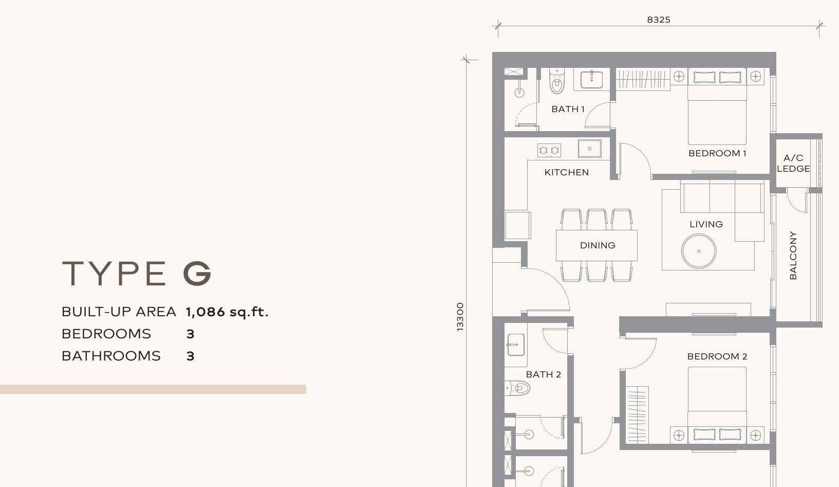Khaya Residences Type G floor plan, 1,086 sq.ft. with three bedrooms and three bathrooms