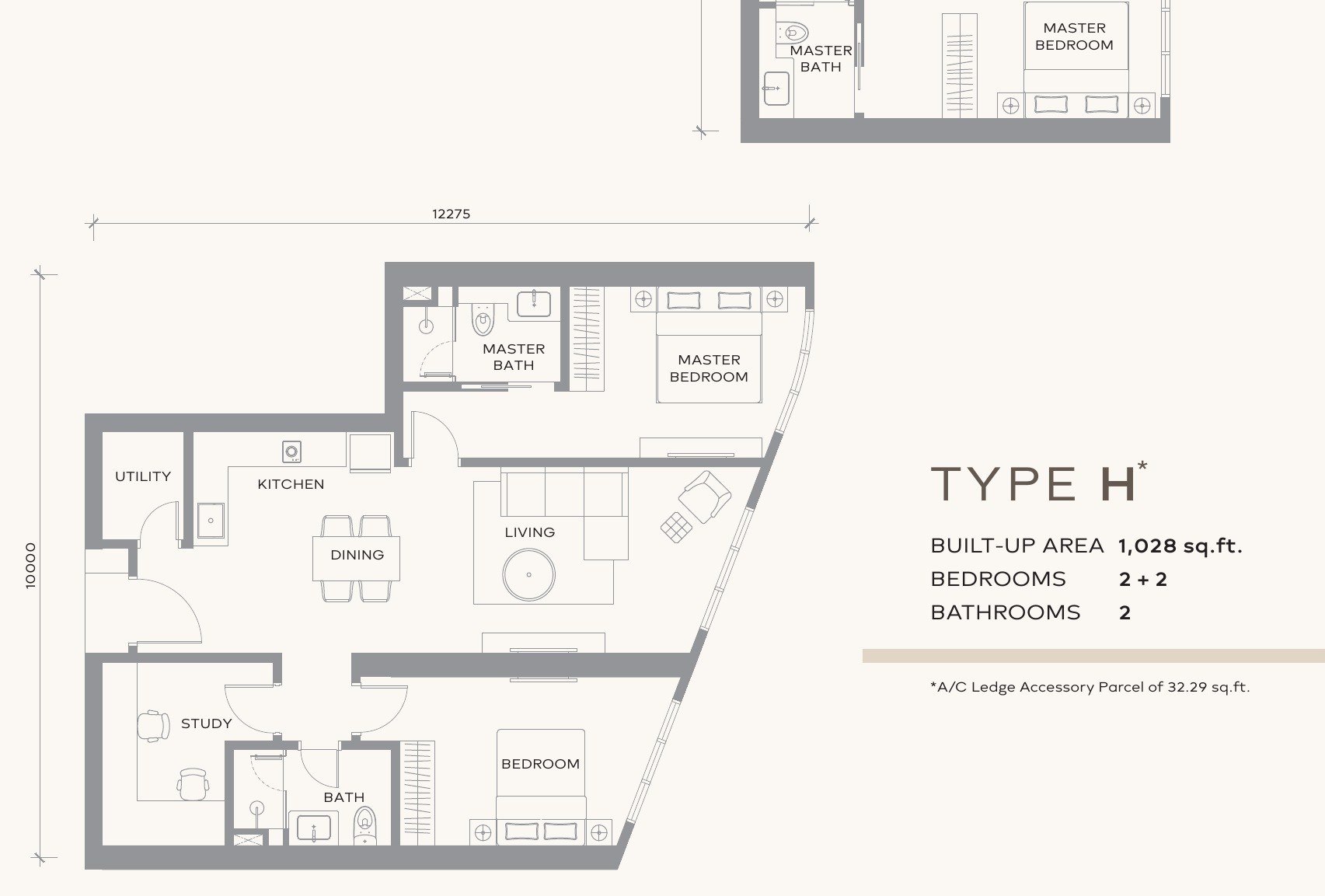 Khaya Residences Type H floor plan, 1,028 sq.ft. with two bedrooms, a study and a utility