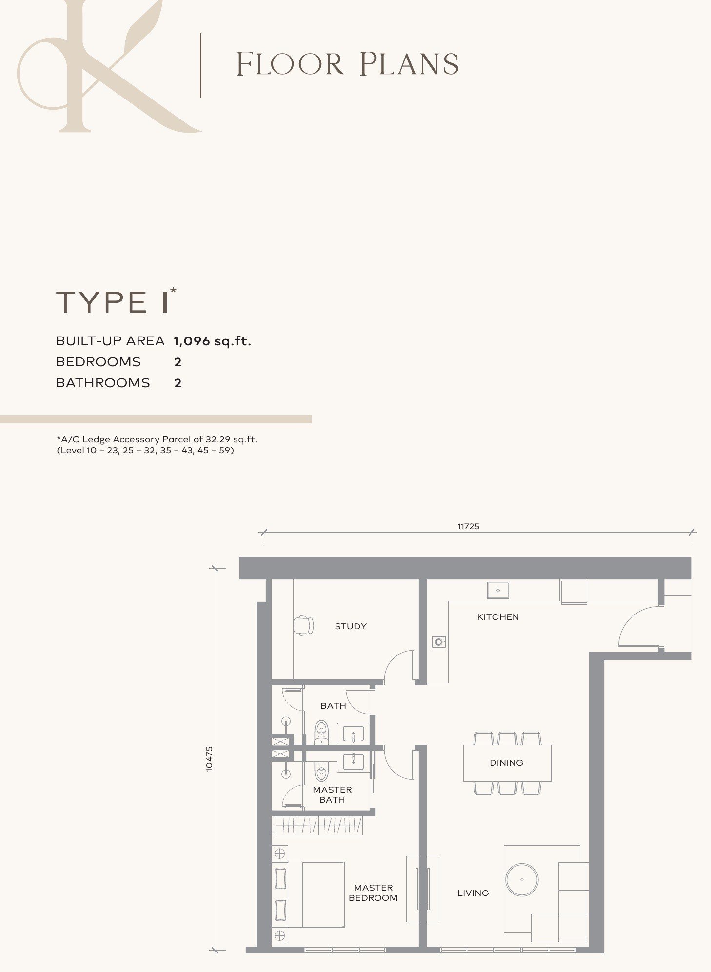 Khaya Residences Type I floor plan, 1,096 sq.ft. with two bedrooms and a study