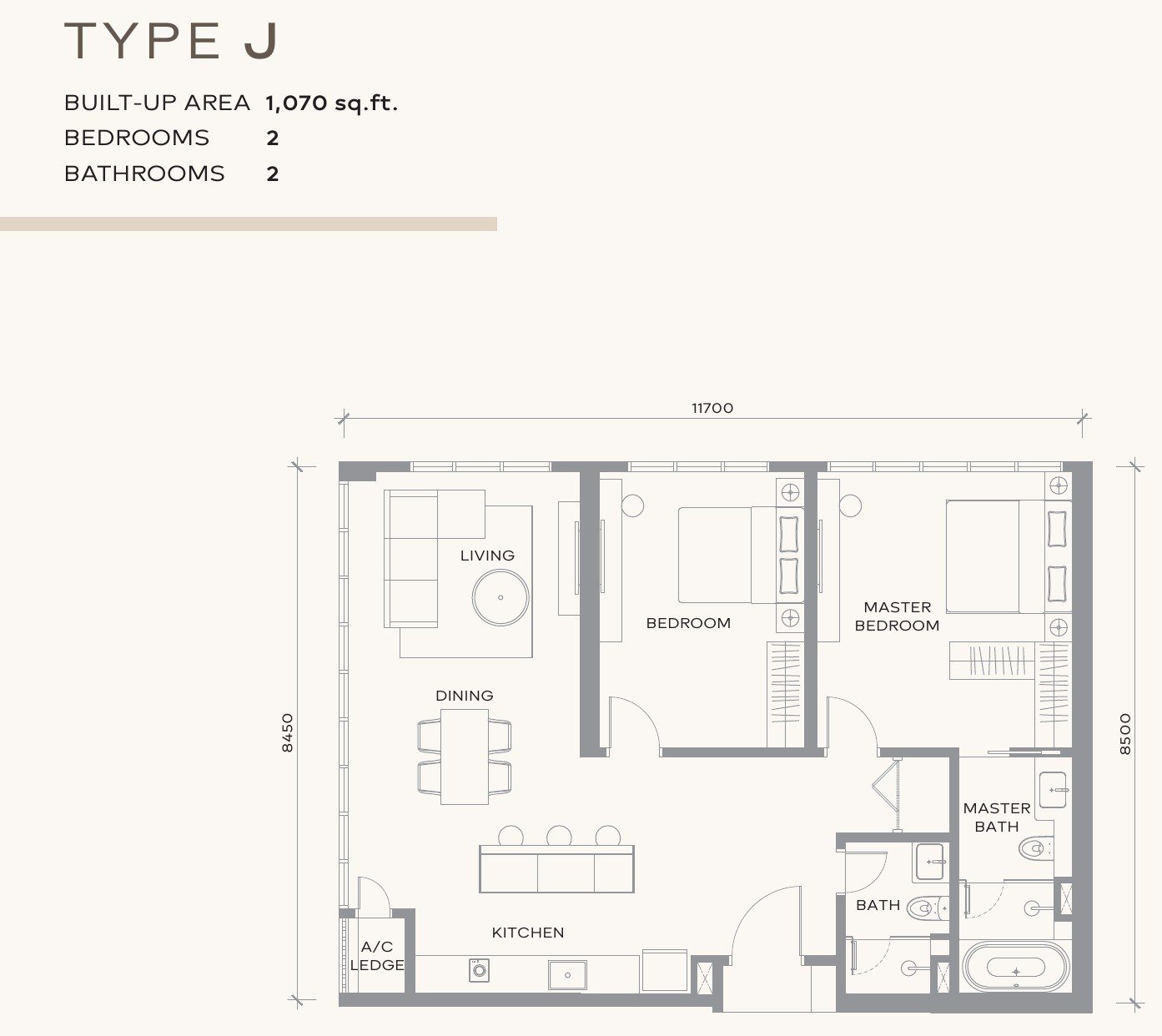 Khaya Residences Type J floor plan, 1,070 sq.ft. with two bedrooms and a bathtub